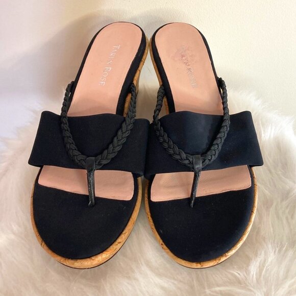 Taryn Rose Shoes - Taryn Rose Sandals Fabric Thong Slip On Cork Platform Wedge Leather Black SZ 7.5